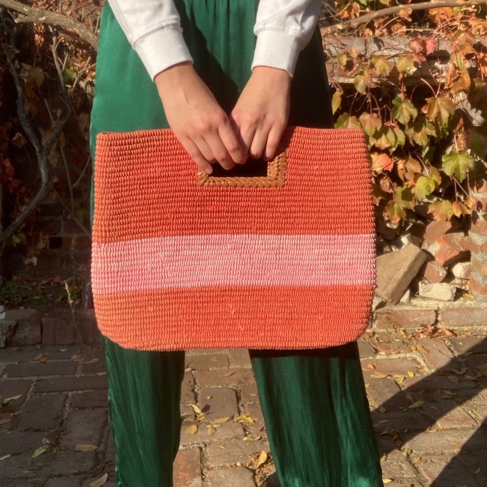 Pink striped straw bag